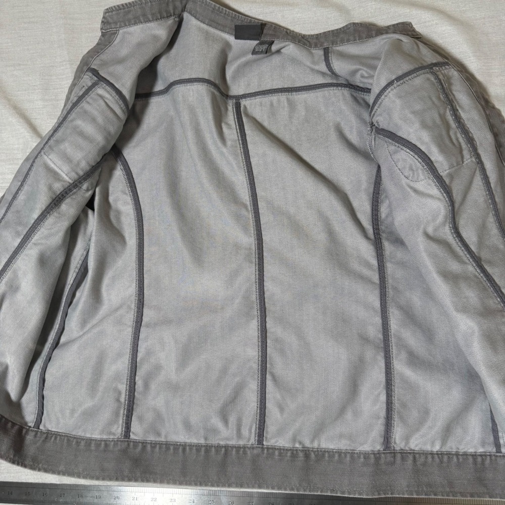 Chicos Additions Gray Denim Jacket Collarless 3/4 Sleeve Size 3 XL Open Front - Picture 10 of 10